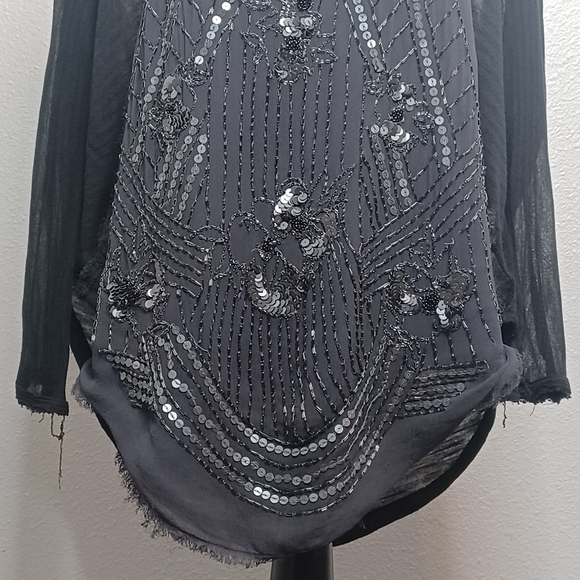 Free People Fairy Grunge Sheer Beaded Sequin Black Boho Distressed Top - Picture 5 of 16